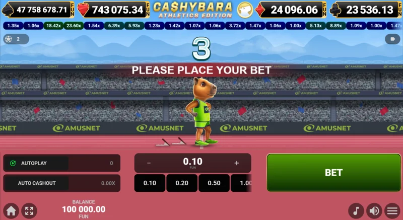Cashybara Athletics Edition - গুণক কাউন্টার সহ দৌড়ের প্রধান স্ক্রিন